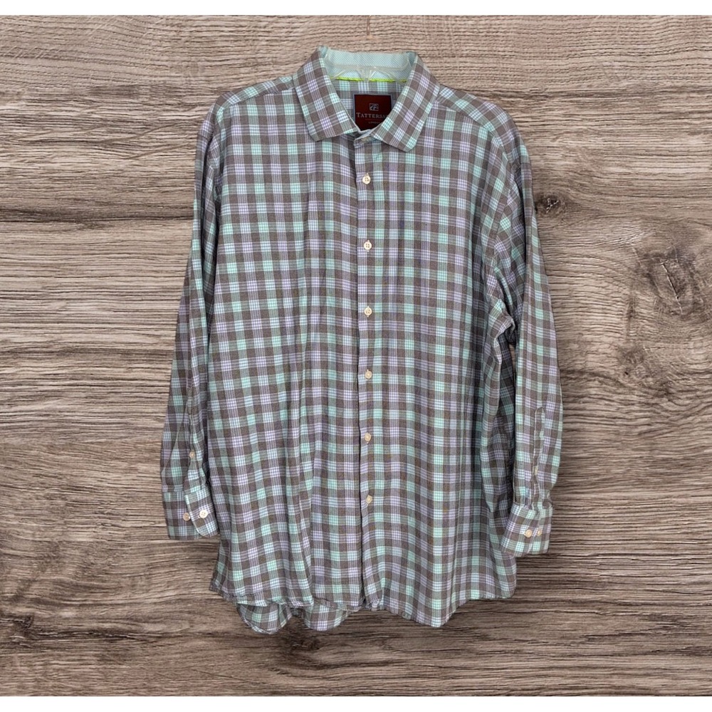Tattersall plaid flannel shirt Men's 17.5X32 Button down Blue Gray Casual Friday
